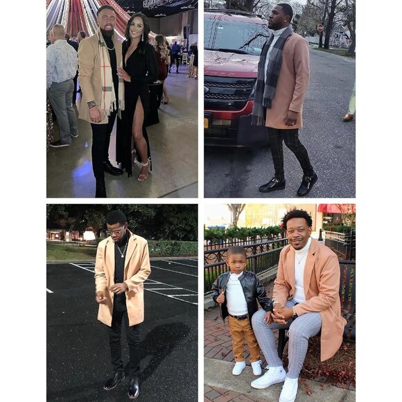 Men's Khaki Wool Blend Pea Coat Notched Collar Breasted Winter Trench Coat - Picture 4 of 8